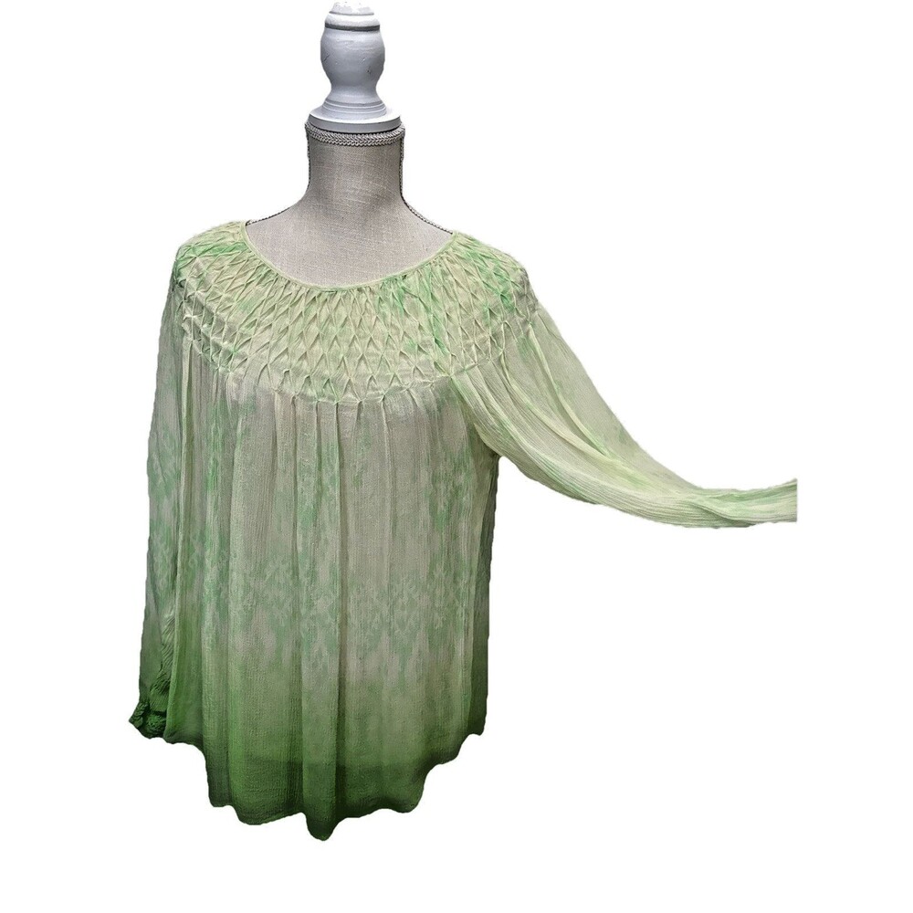 Sundance Green Silk Chiffon Smocked Ombre Sheer Boho Blouse Top Large Flowy - Picture 5 of 12
